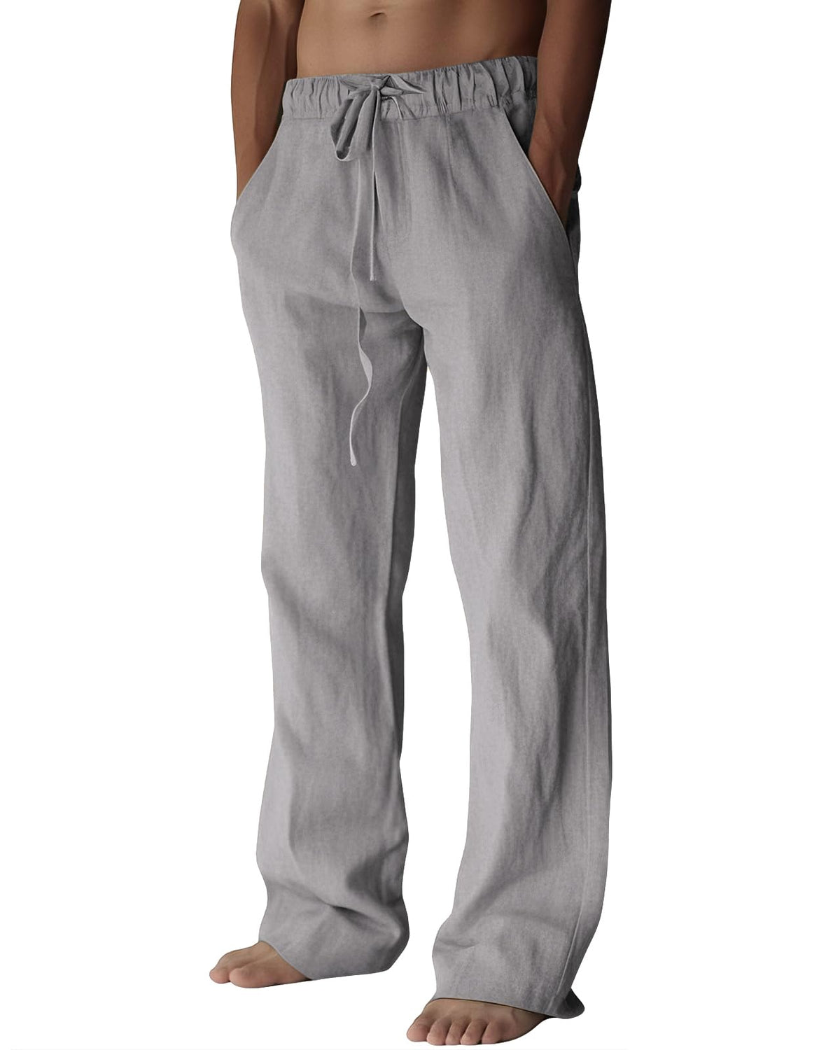 BUXKR Men's Linen Pants Beach Casual Cotton Summer Lightweight Elastic Waist Drawstring with Deep Pockets