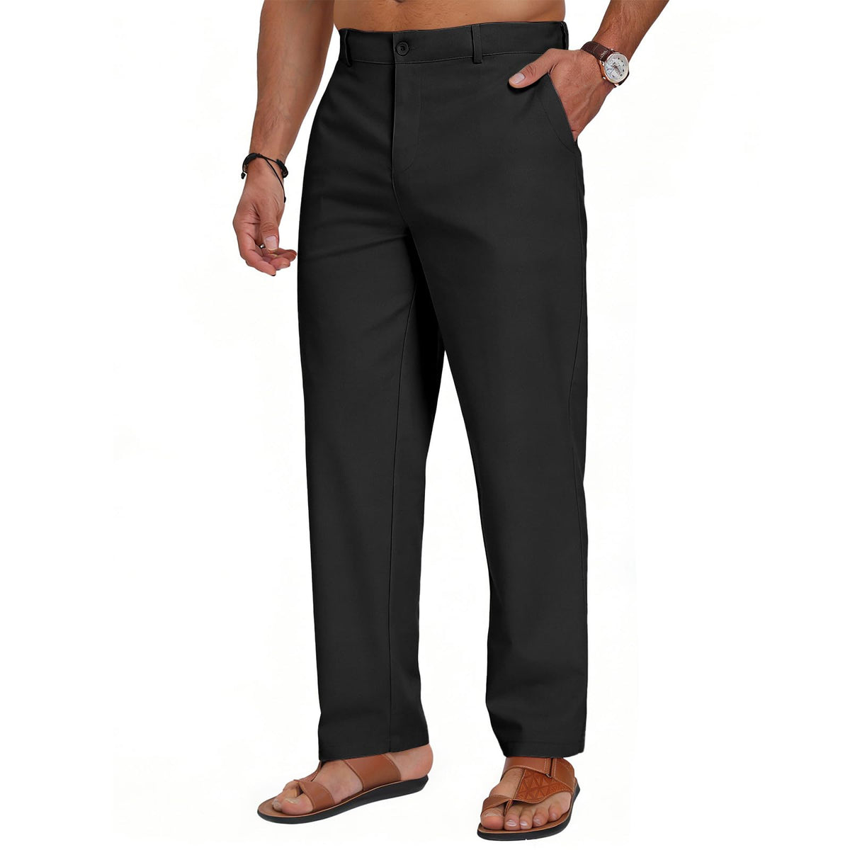 Puimentiua Mens Linen Casual Business Dress Pants Elastic Waist Regular Fit