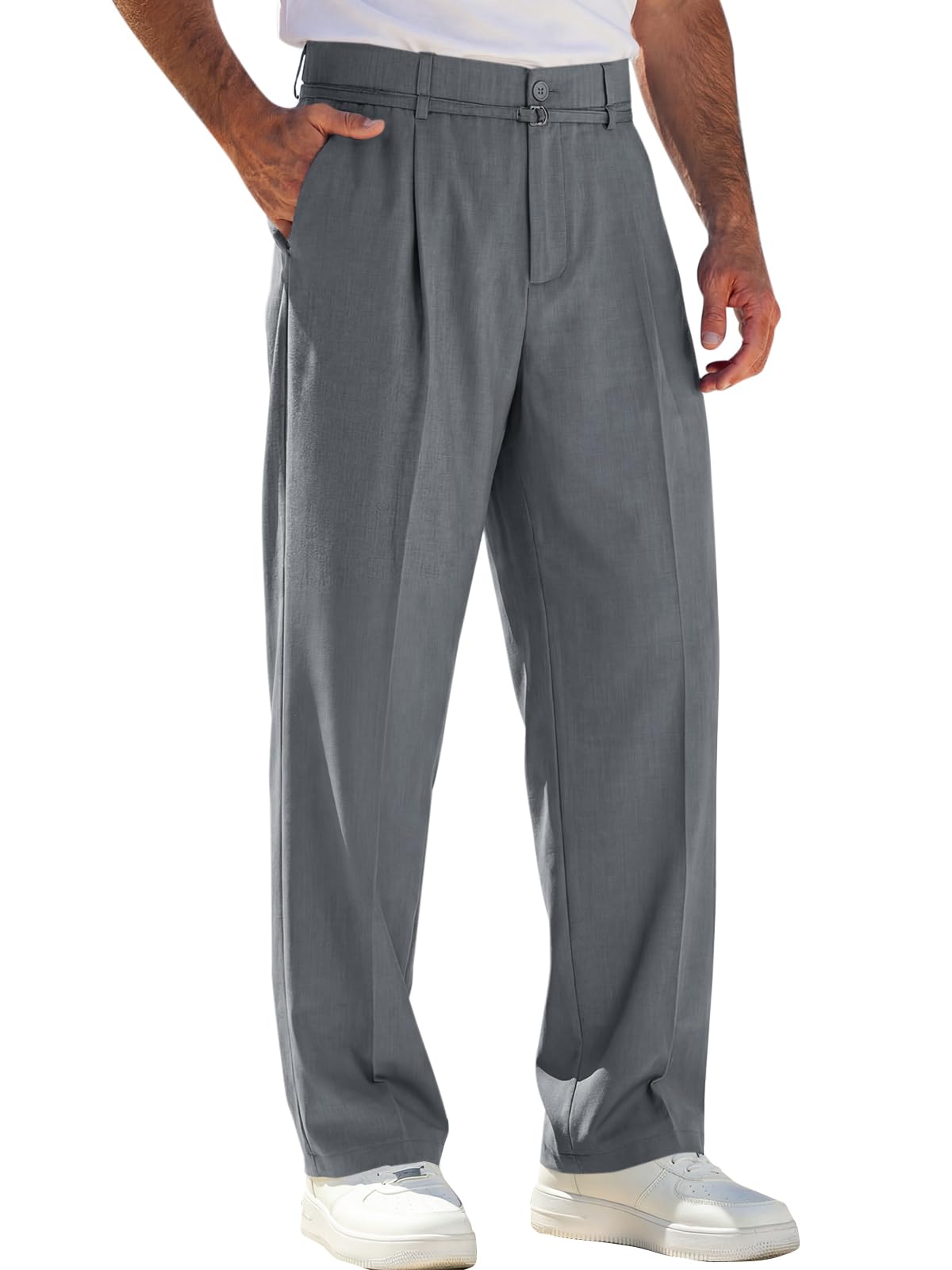 Runcati Mens Casual Dress Pants Elastic Waist Pleated Baggy Wide Leg Slacks
