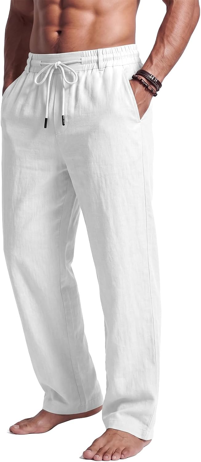 PIDOGYM Men's Cotton Linen Pants Summer Beach Pants Golf Dress Trousers