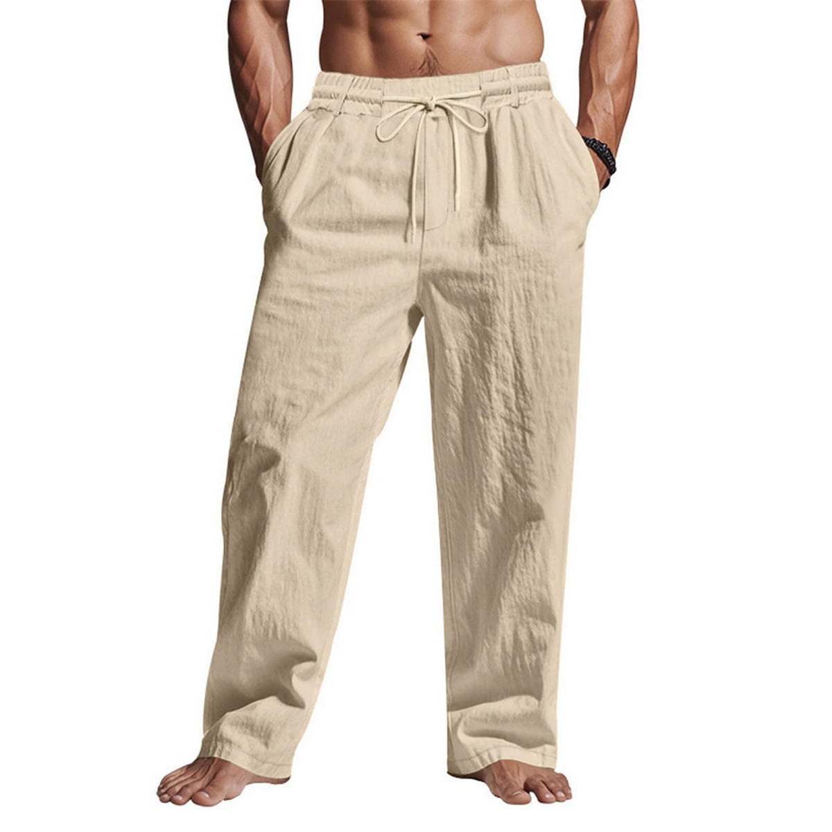 Puimentiua Casual Linen Pants Men Elastic Drawstring Baggy Summer Lounge