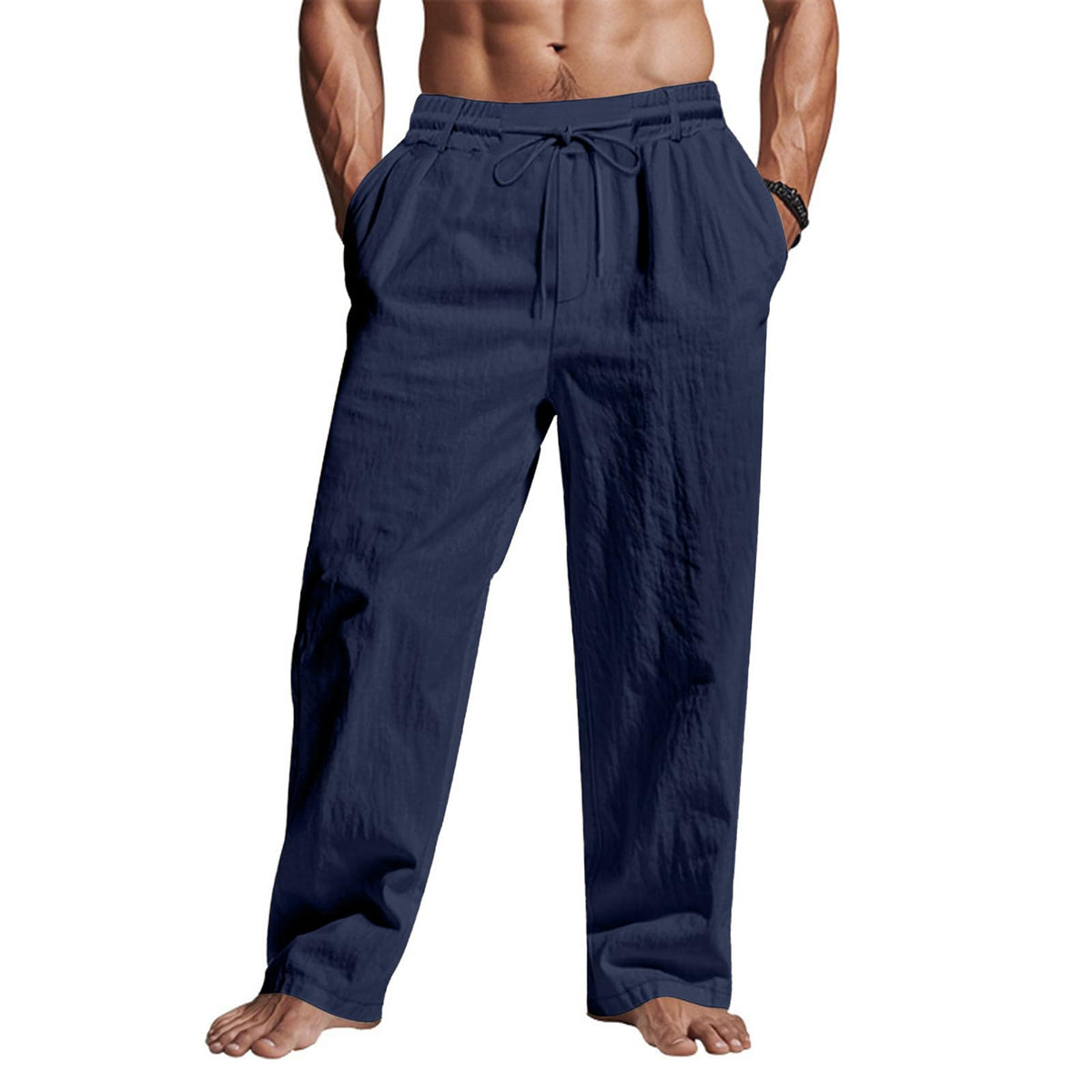 Puimentiua Casual Linen Pants Men Elastic Drawstring Baggy Summer Lounge