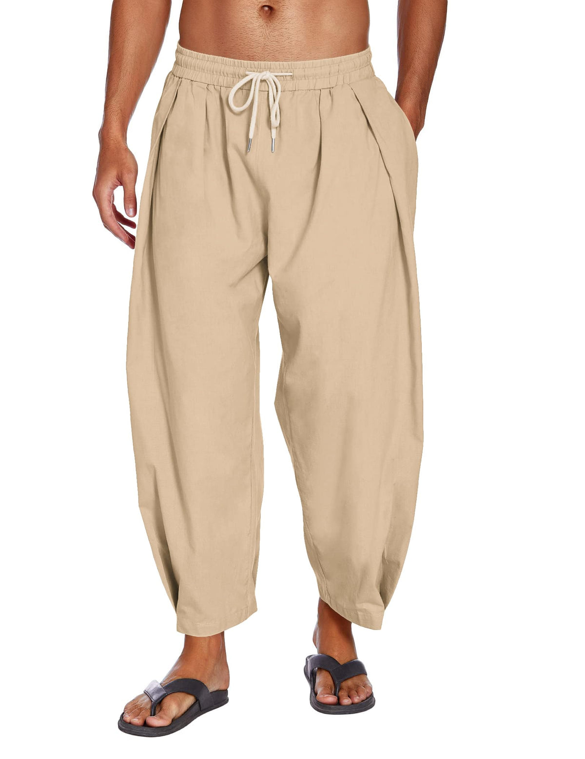 COOFANDY Men's Cotton Linen Harem Pants Drawstring Casual Cropped Trousers Lightweight Loose Beach Yoga Pants with Pockets