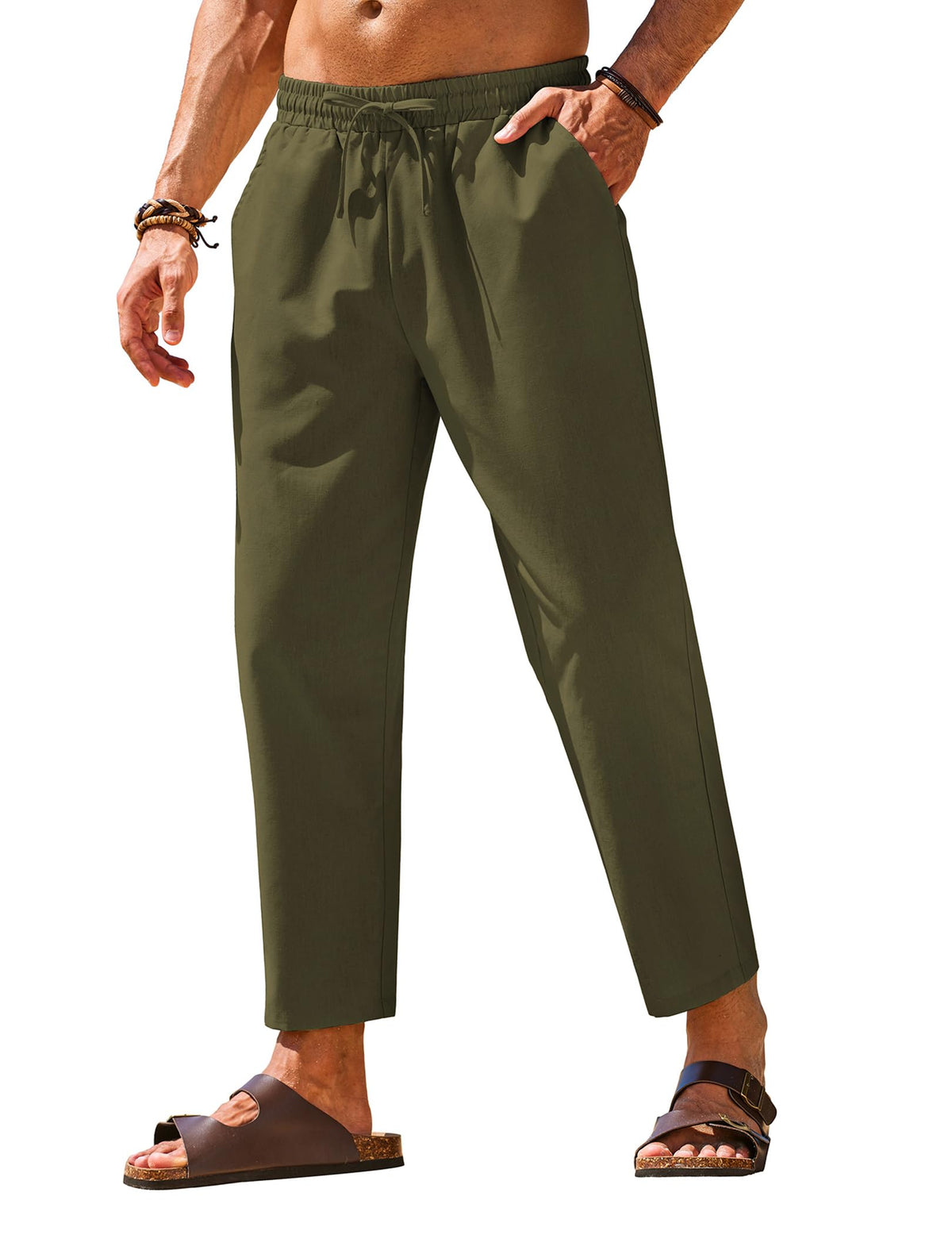 COOFANDY Mens Linen Casual Pants Elastic Drawstring Trousers Summer Pants