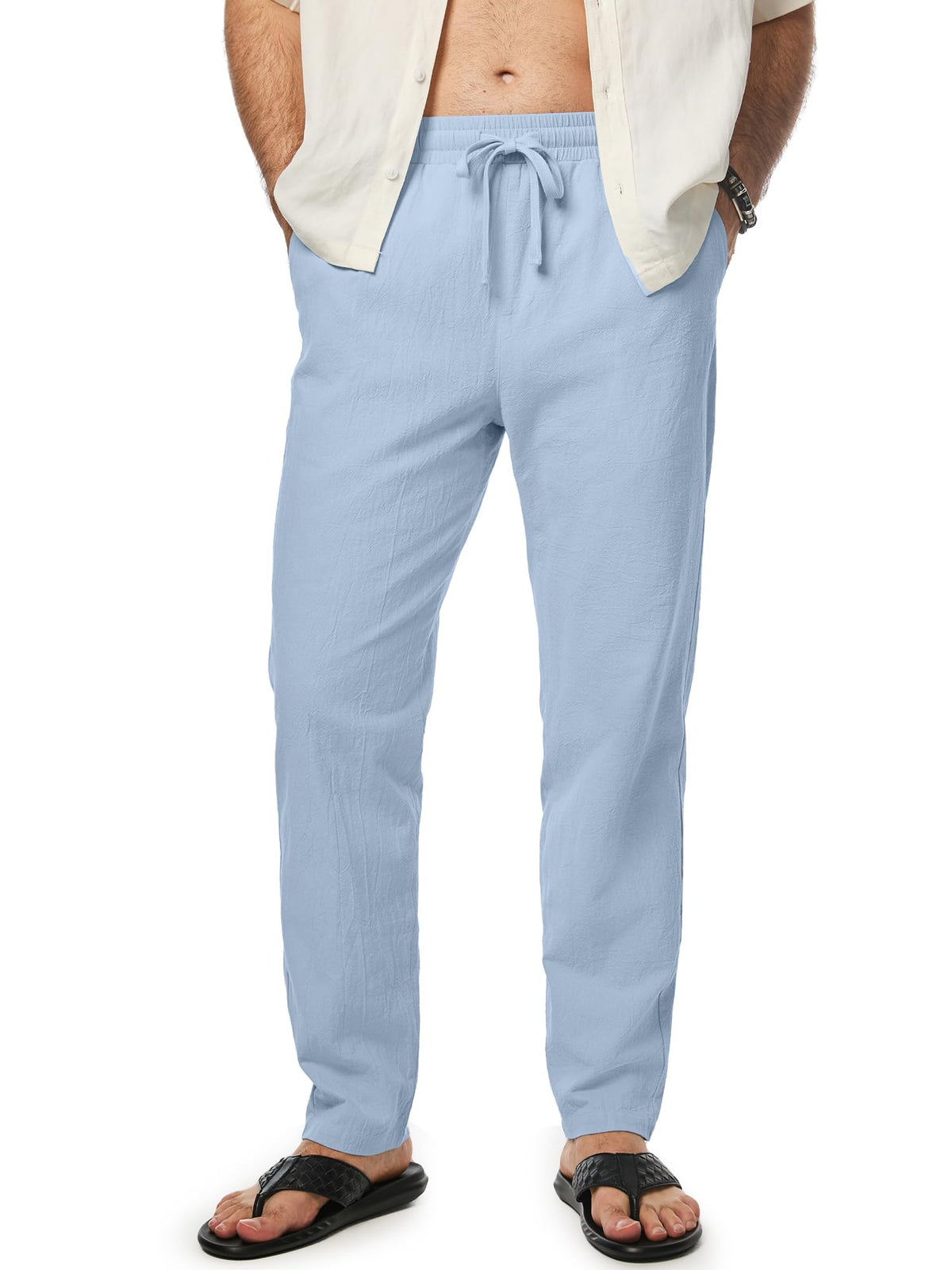 JMIERR Mens 100% Cotton Pants Casual Elastic Waist Drawstring Lightweight Summer Beach Trousers with Pockets