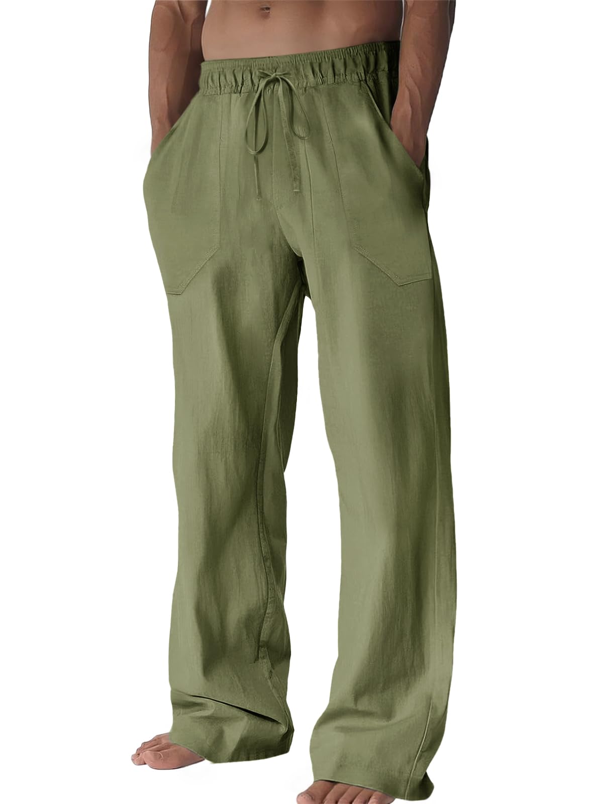 Runcati Mens Casual Pants Linen Drawstring Elastic Waist Loose Fit Straight Leg Pants Summer Beach Vacation Yoga Trousers