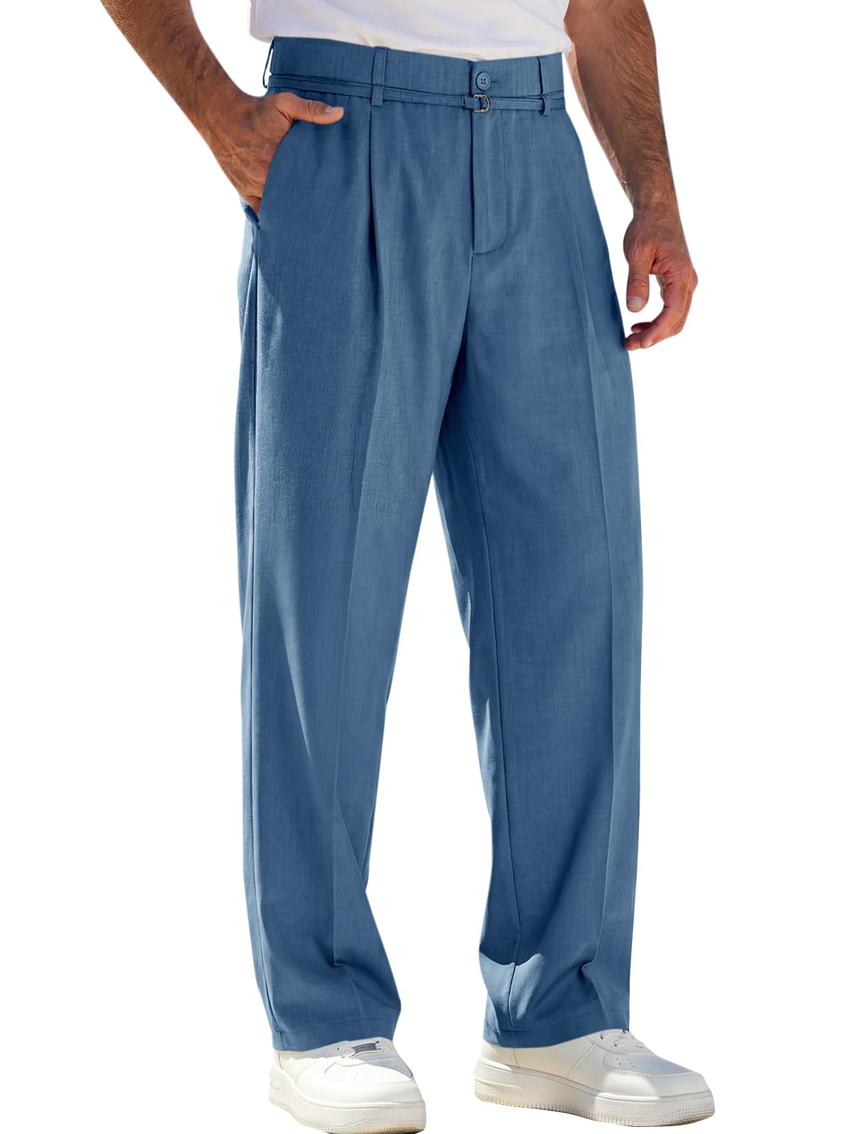 Runcati Mens Casual Dress Pants Elastic Waist Pleated Baggy Wide Leg Slacks