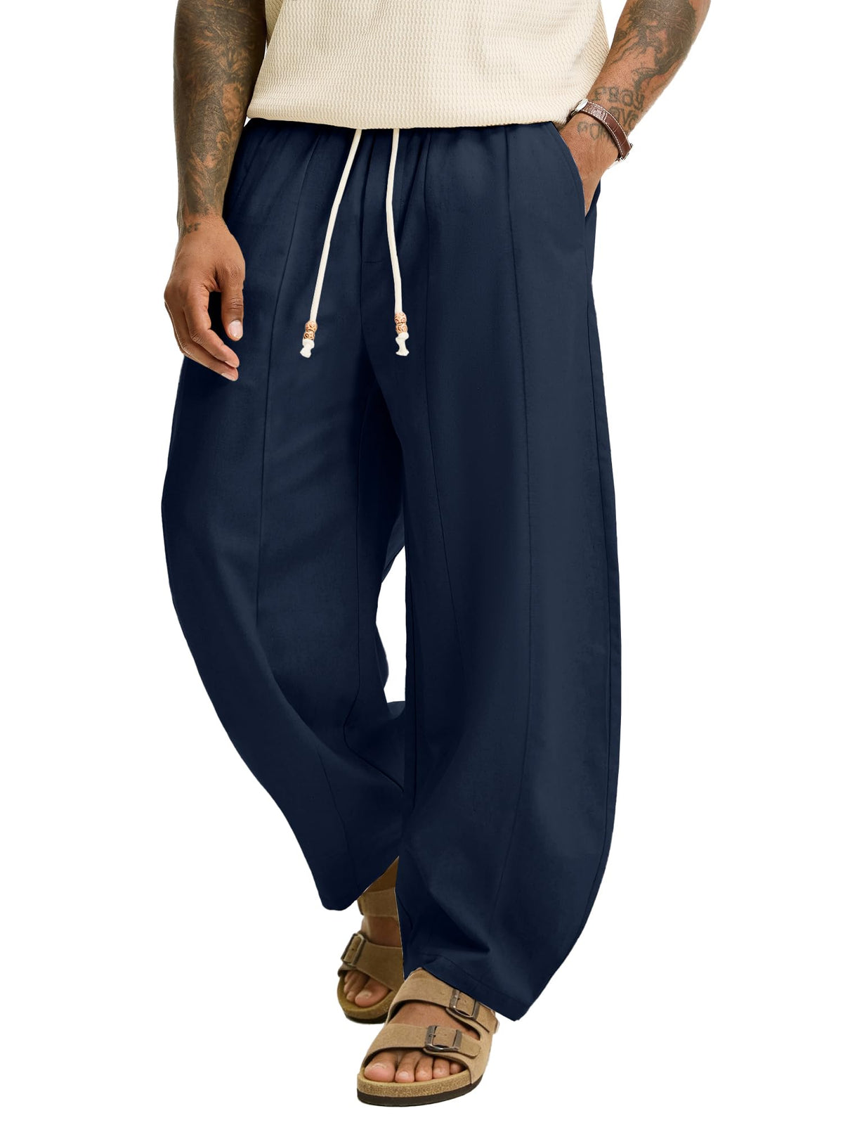 JEMLDL Men's Baggy Linen Cotton Pants Drawstring Summer Beach Vacation Pant