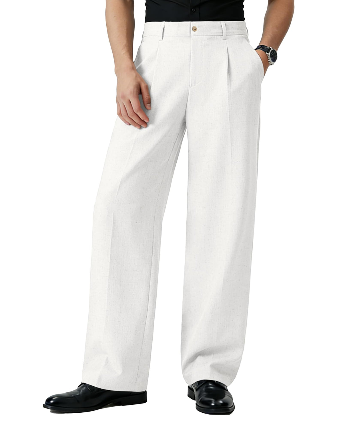 Susclude Mens Linen Casual Dress Pants Old Money Wide Leg Baggy Pleated Vintage Relaxed Fit Slacks Work Office Trousers