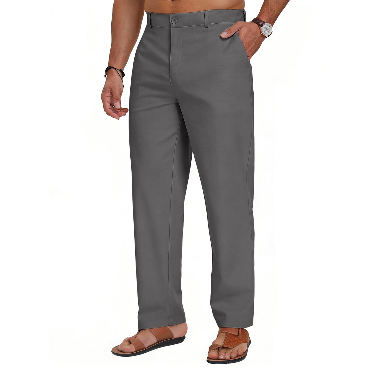 Puimentiua Mens Linen Casual Business Dress Pants Elastic Waist Regular Fit