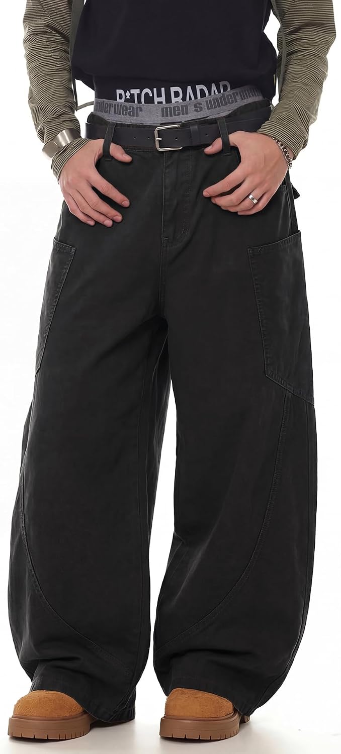 Mens Wide Leg Pants Elastic Waist Pants Pleated Loose Trendy Long Trousers