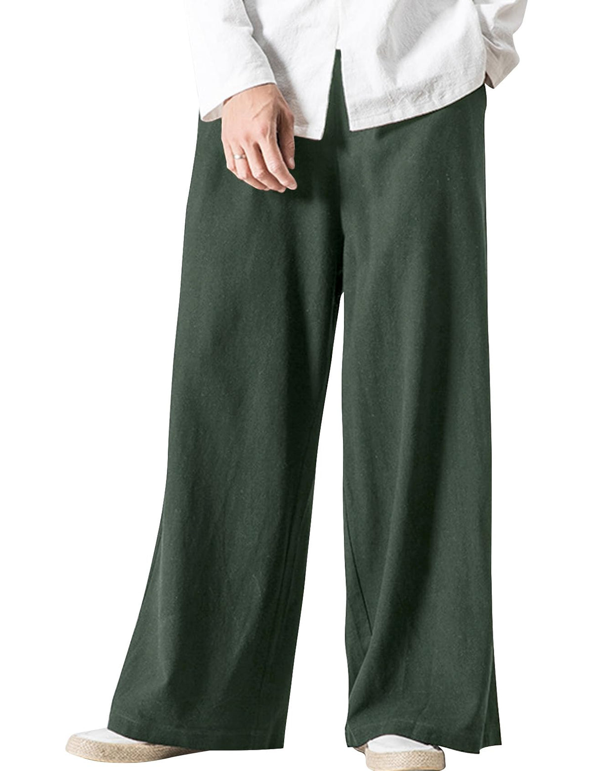 Kissonic Mens Casual Linen Pants Elastic Waist Cotton Wide Leg Trousers