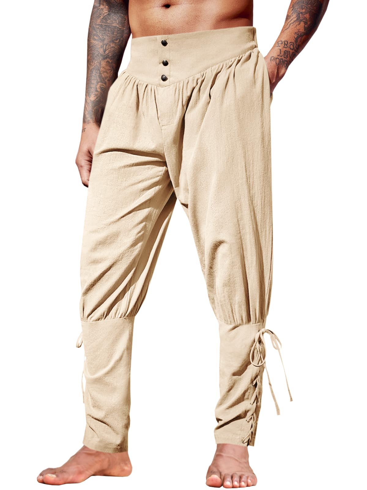 Runcati Mens Medieval Ankle Pants Renaissance Viking Linen Costume Trousers