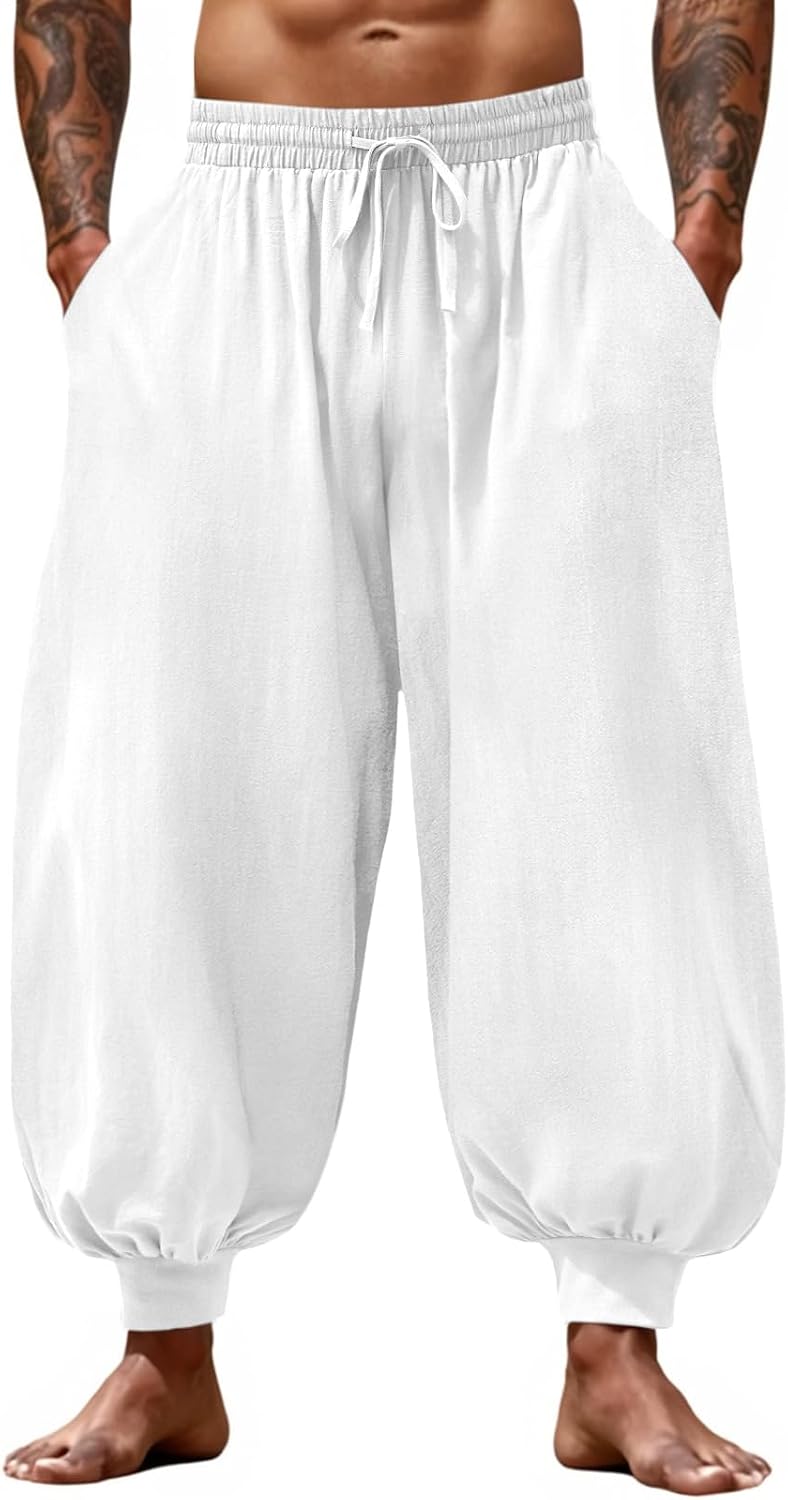 Runcati Mens Harem Pants Casual Baggy Trousers Cotton Boho Pants
