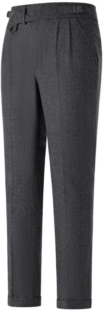 Men's Herringbone Tweed Dress Pants Regular Fit Vintage Wool Trousers