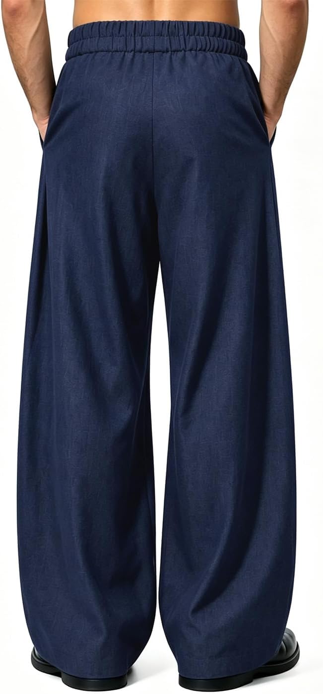 Percle Mens Baggy Casual Pants Elastic Back Waist Pleated Wide Leg Slacks