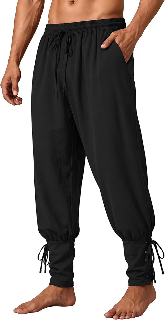 Mens Medieval Renaissance Viking Pirate Pants Ankle Banded Costume Trousers
