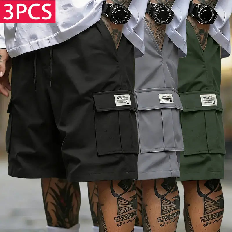 Men’s 3-Piece Casual Cargo Baggy Shorts Set - Streetwear Woven Fabric Bottoms, Loose-Fit, Elastic Drawstring Waist, Lightweight Breathable, Multifunctional Pockets, for Summer Sports & Everyday Wear