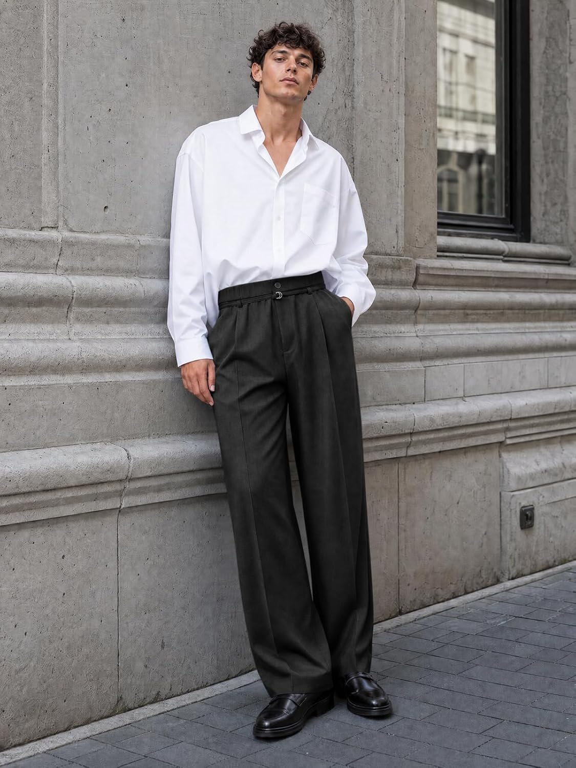 Runcati Mens Casual Dress Pants Elastic Waist Pleated Baggy Wide Leg Slacks