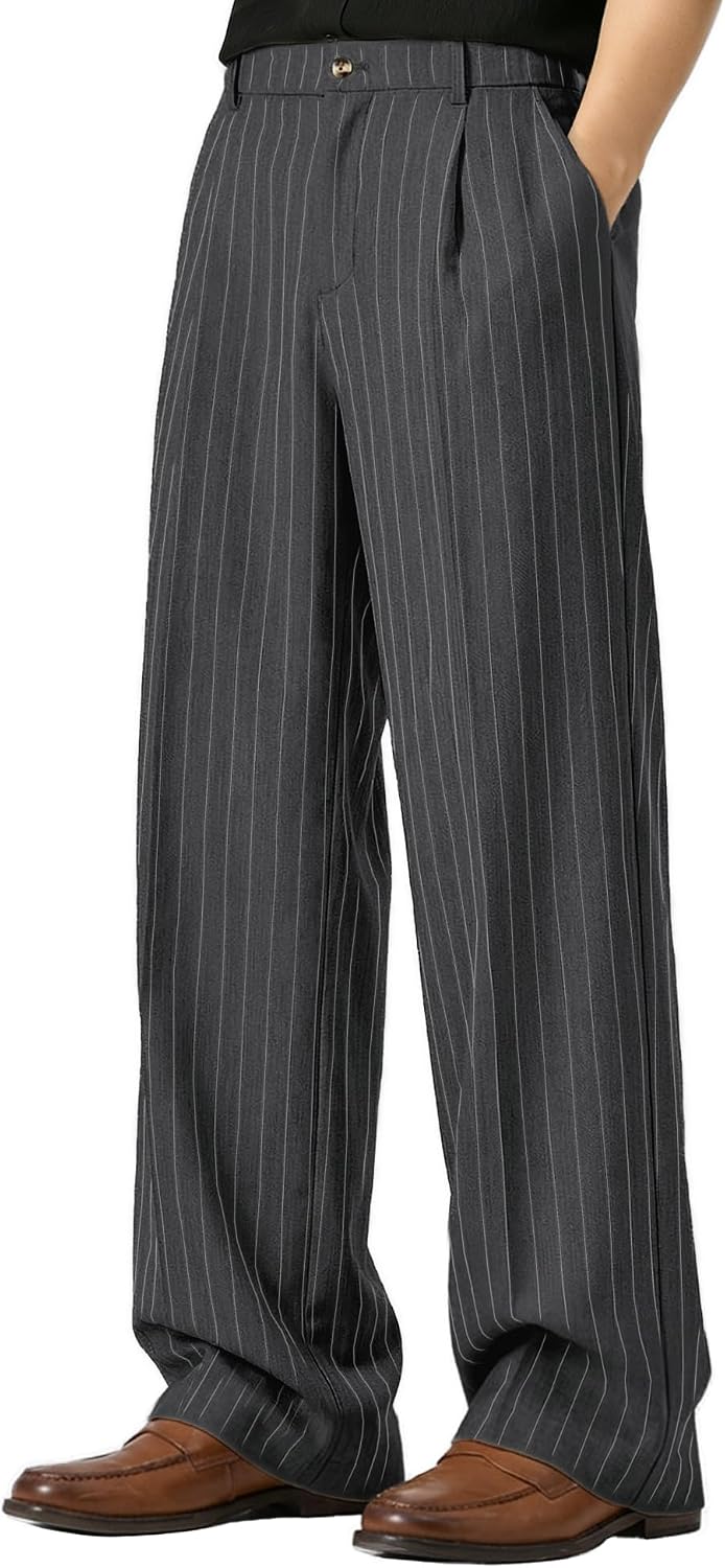 Susclude Mens Pinstripe Casual Dress Pants Old Money Wide Leg Baggy Pleated Slacks Elastic Wasist Loose Fit Work Trousers