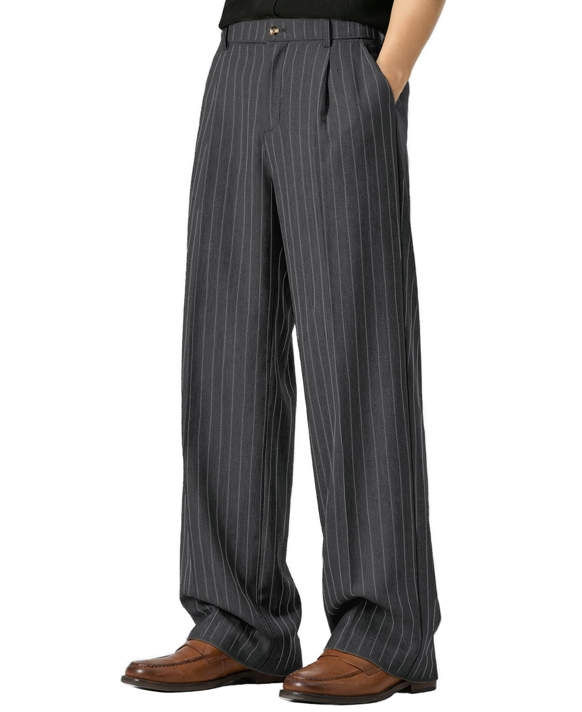 Susclude Mens Pinstripe Casual Dress Pants Old Money Wide Leg Baggy Pleated Slacks Elastic Wasist Loose Fit Work Trousers
