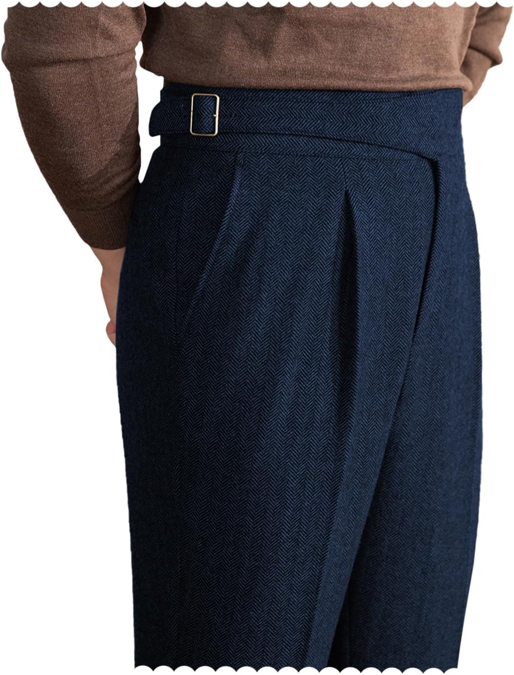 Men Trousers Vintage Tweed Blend Pants Herringbone Slim Fit Pleat-Front Pant