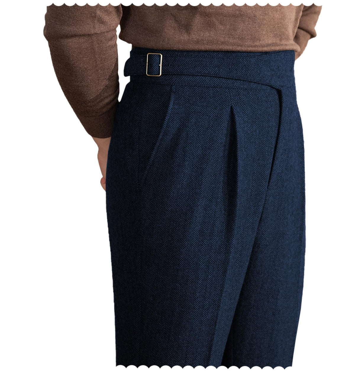 Men Trousers Vintage Tweed Blend Pants Herringbone Slim Fit Pleat-Front Pant
