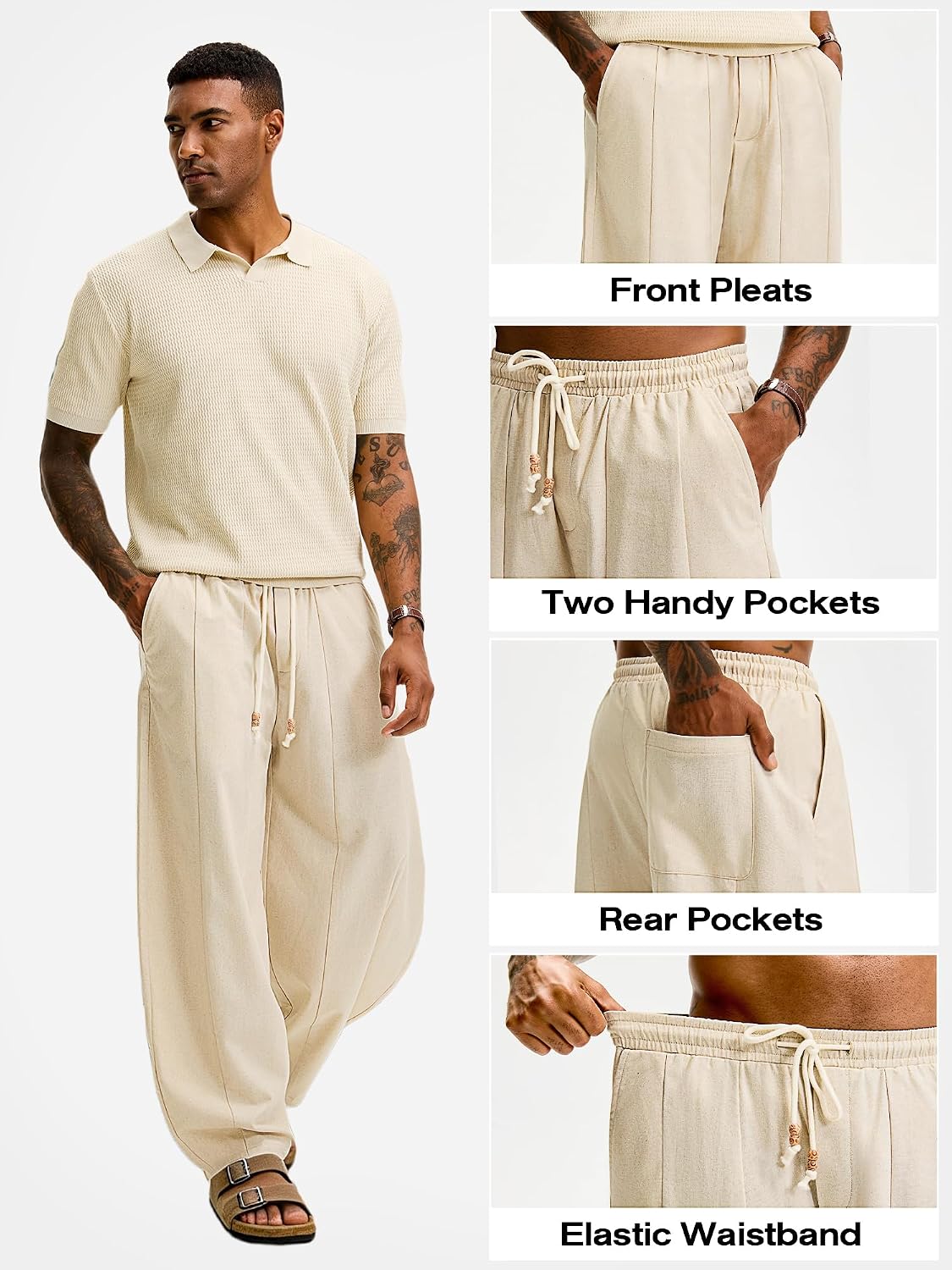 JEMLDL Men's Baggy Linen Cotton Pants Drawstring Summer Beach Vacation Pant