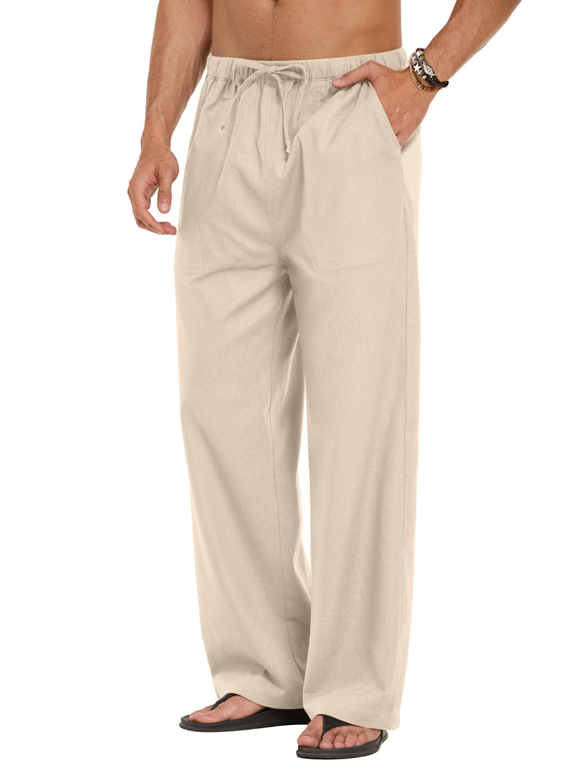COOFANDY Men Linen Pants Casual Elastic Waist Drawstring Pants Summer Beach