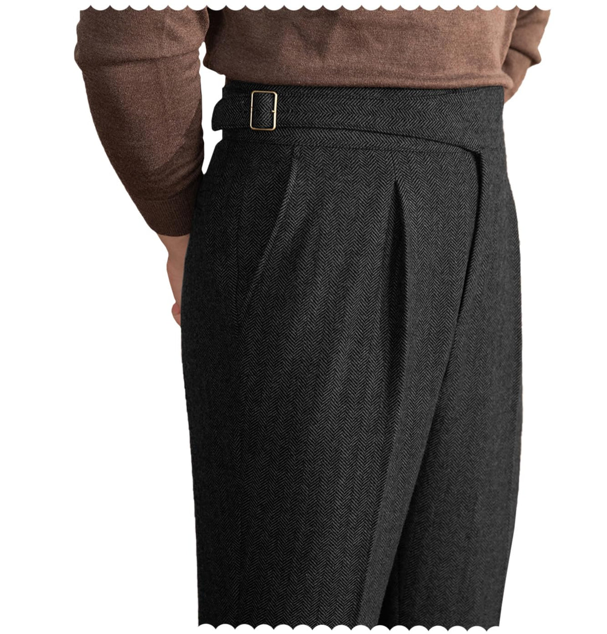 Men Trousers Vintage Tweed Blend Pants Herringbone Slim Fit Pleat-Front Pant