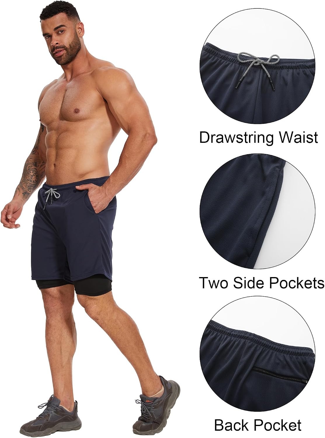 Kinglaman 1/4 Pack Men's 2 in 1 Lined Running Shorts Gym Athletic Shorts
