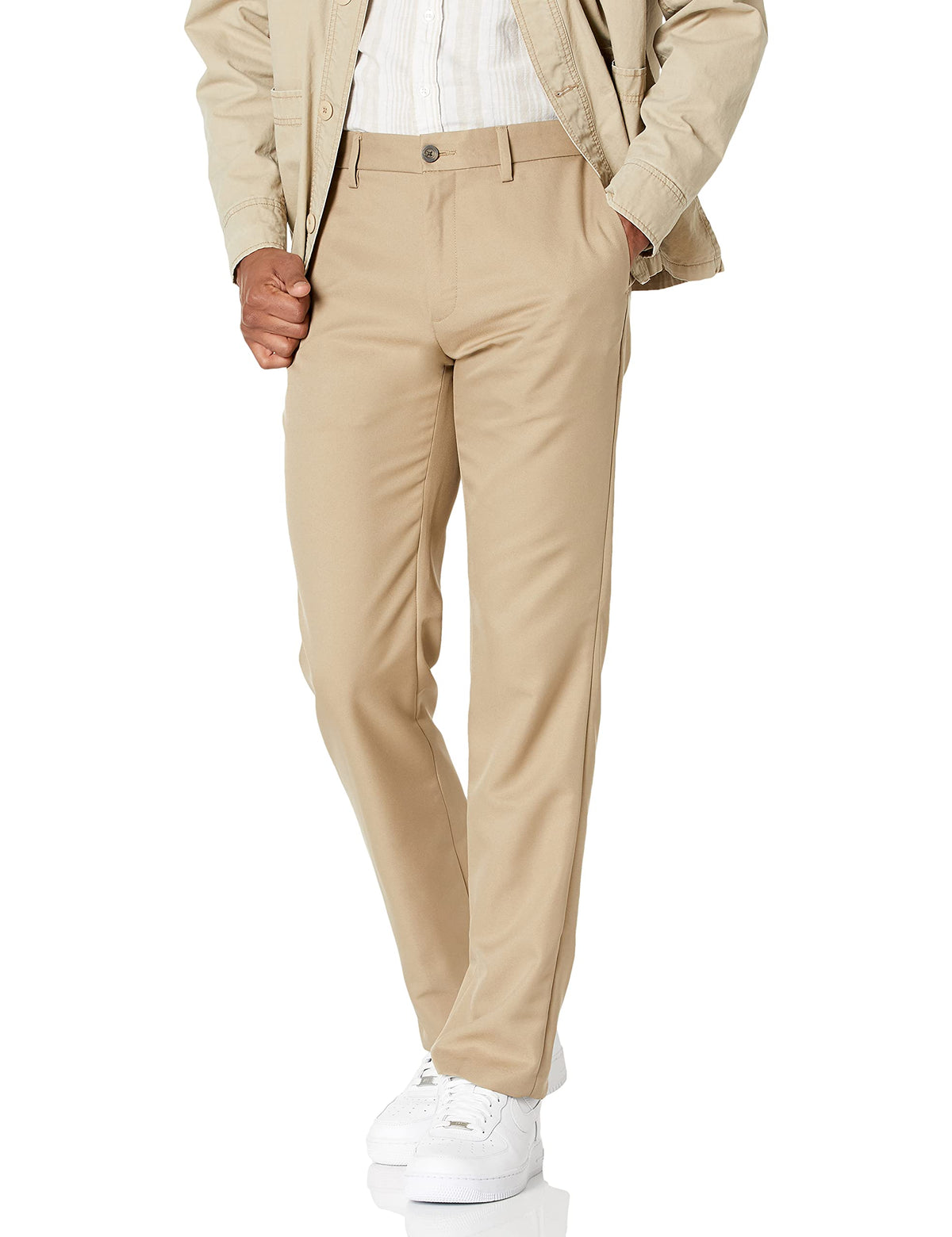 Amazon Essentials Men's Slim-Fit Flat-Front Dress Pants, Straight Leg, Polyester, Stone
