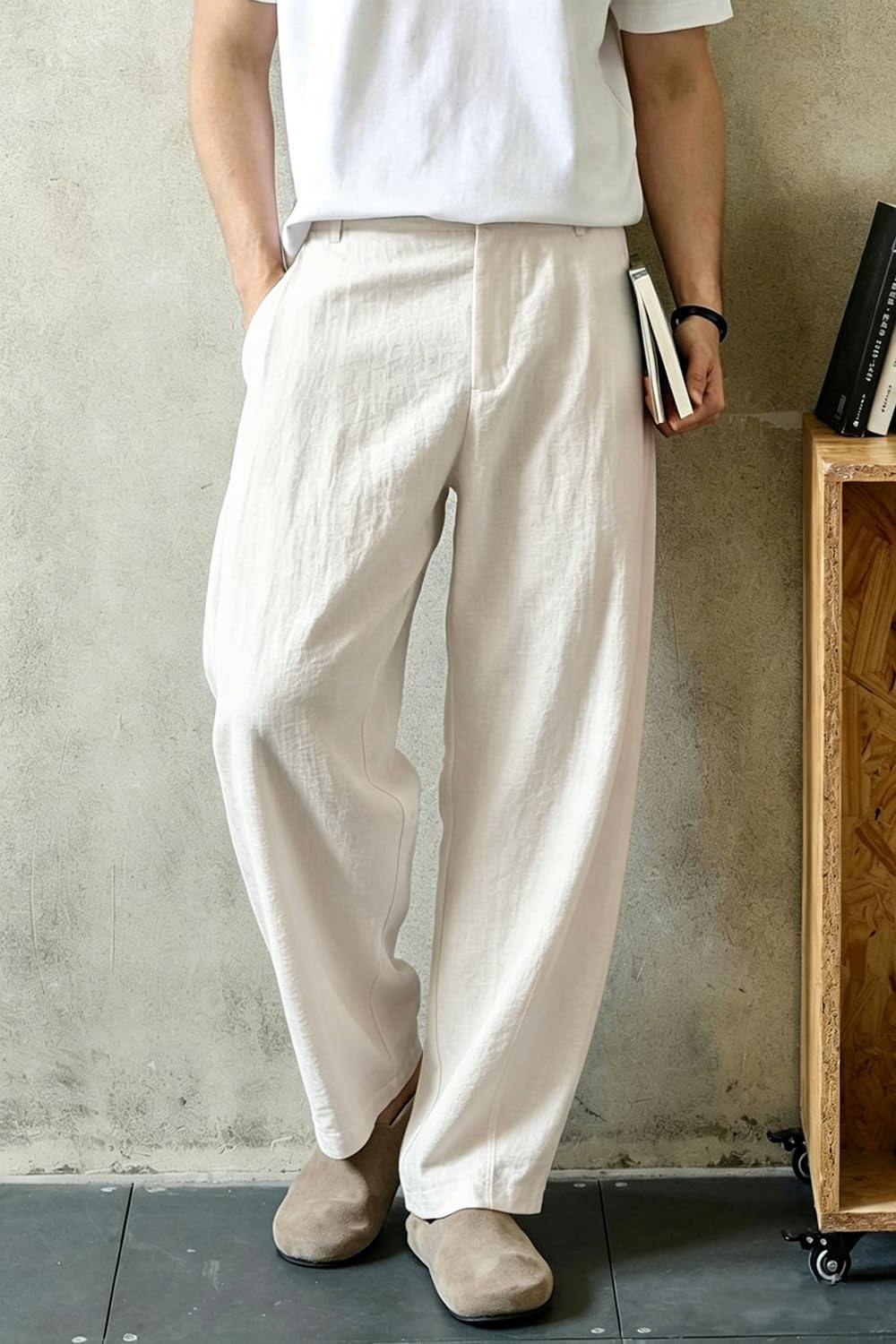 Heyfanee Linen Pants Men Casual Summer Beach Pleated Trousers Loose Fit