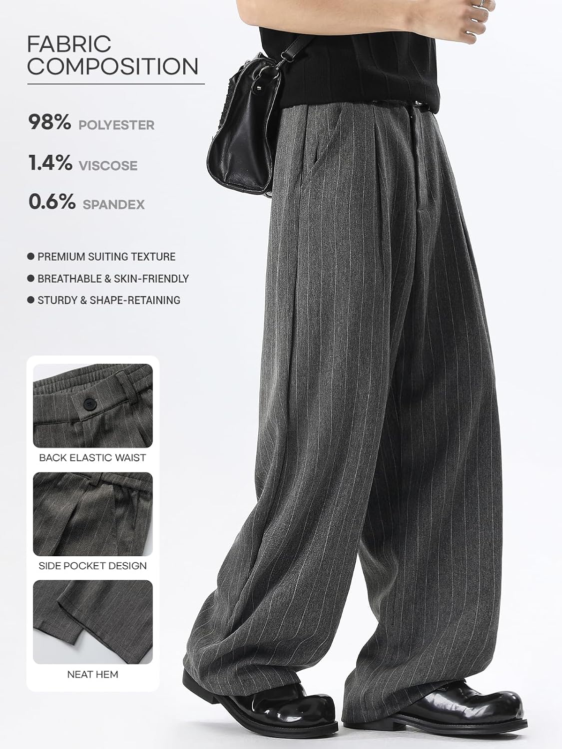 Men's Wide Leg Pinstripe Dress Pants, Relaxed Fit Elastic Waist Smart Casual Suit Trousers, Office Commuter Slacks