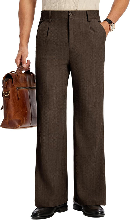 Susclude Mens Bootcut Casual Dress Pants Flared Wide Leg Old Money Pleated Elastic Waist Slacks Vintage Work Office Trousers