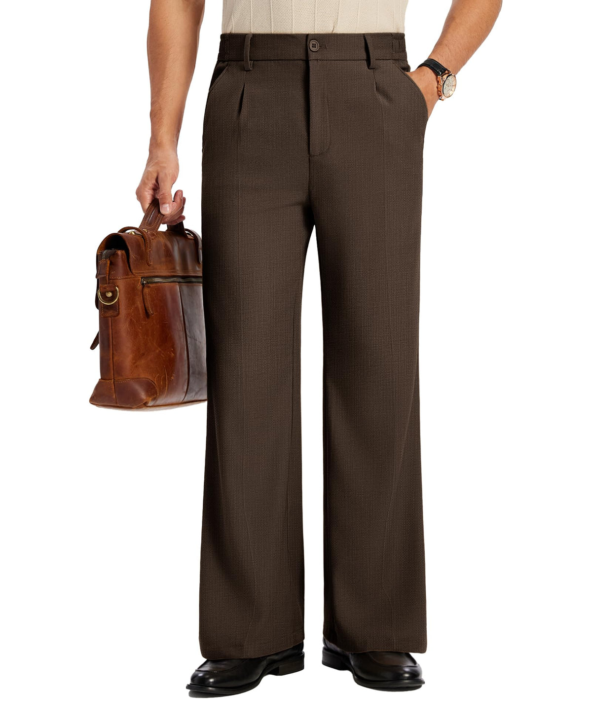 Susclude Mens Bootcut Casual Dress Pants Flared Wide Leg Old Money Pleated Elastic Waist Slacks Vintage Work Office Trousers