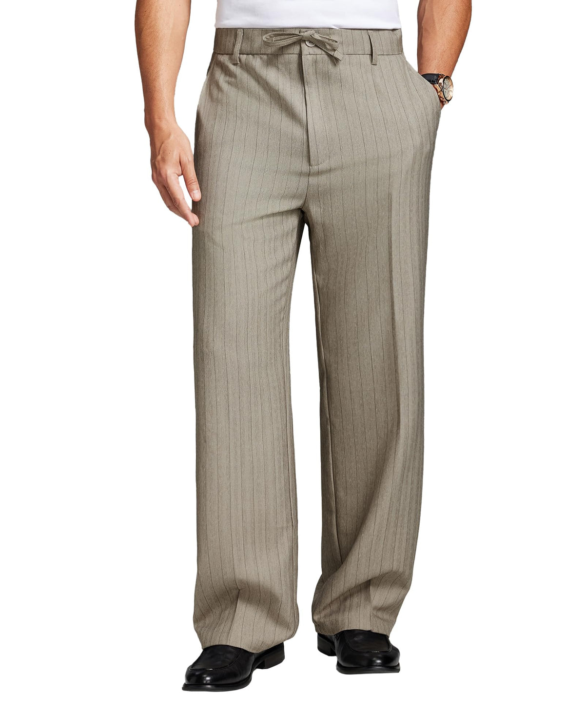 Susclude Mens Pinstripe Wide Leg Dress Pant Baggy Drawstring Trouser Street