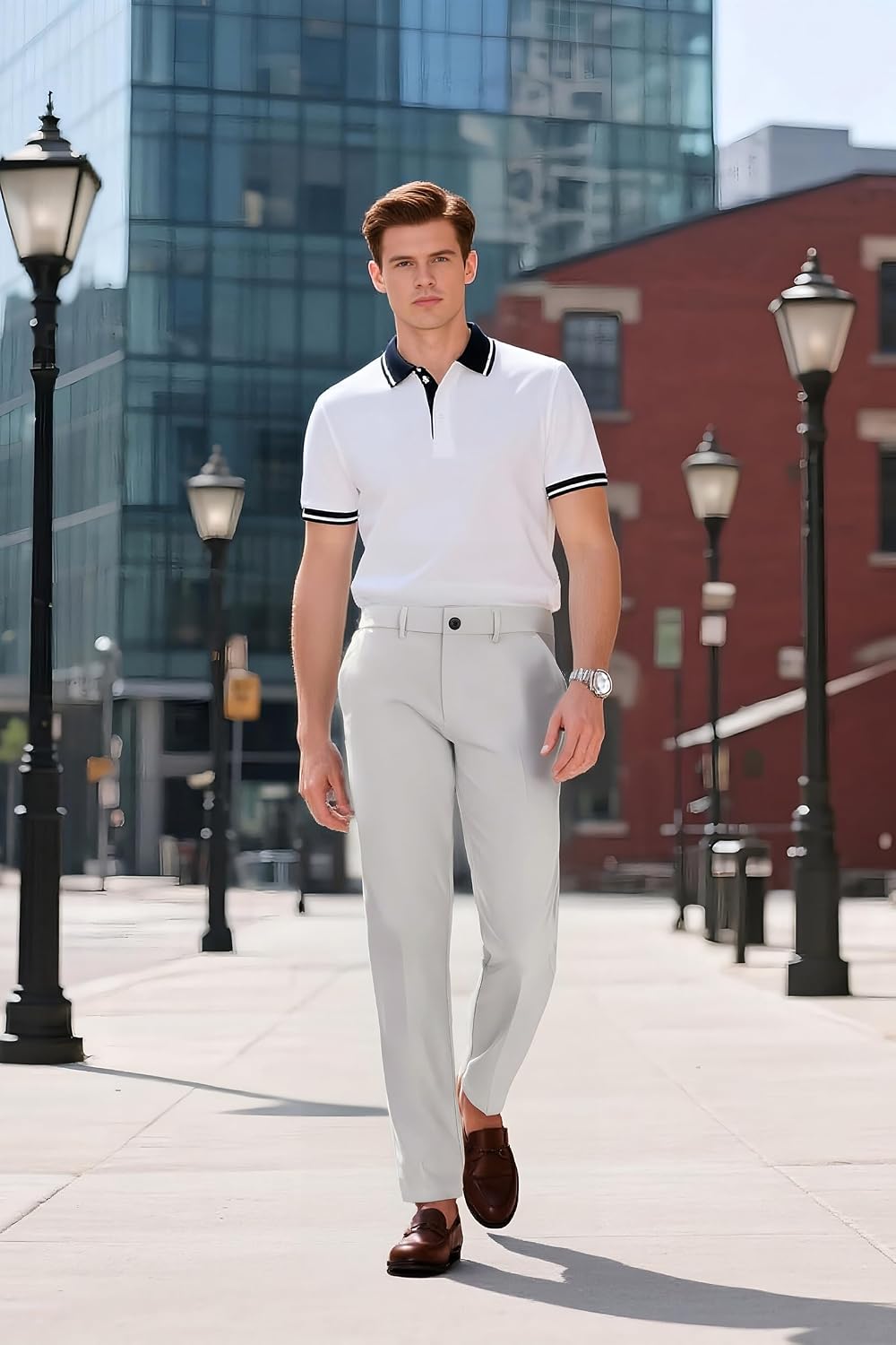 Plaid&Plain Men's Slim Fit Dress Pants Stretch Khaki Pants Wrinkle Free