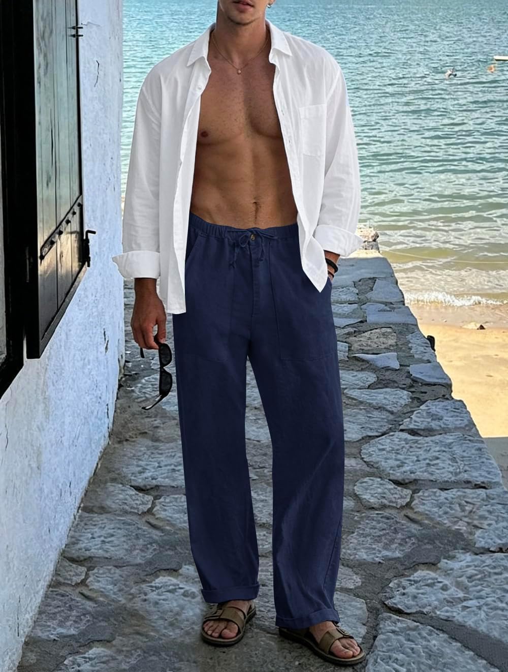 Puimentiua Mens Cotton Linen Pants Casual Loose Fit Summer Beach Pants