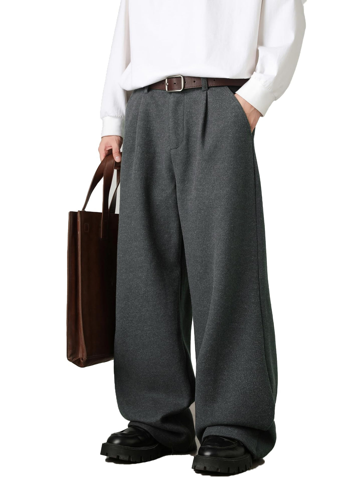 Mens Pleated Wide Leg Baggy Dress Pants Casual Elastic Waist Fall Long Trousers with Pockets
