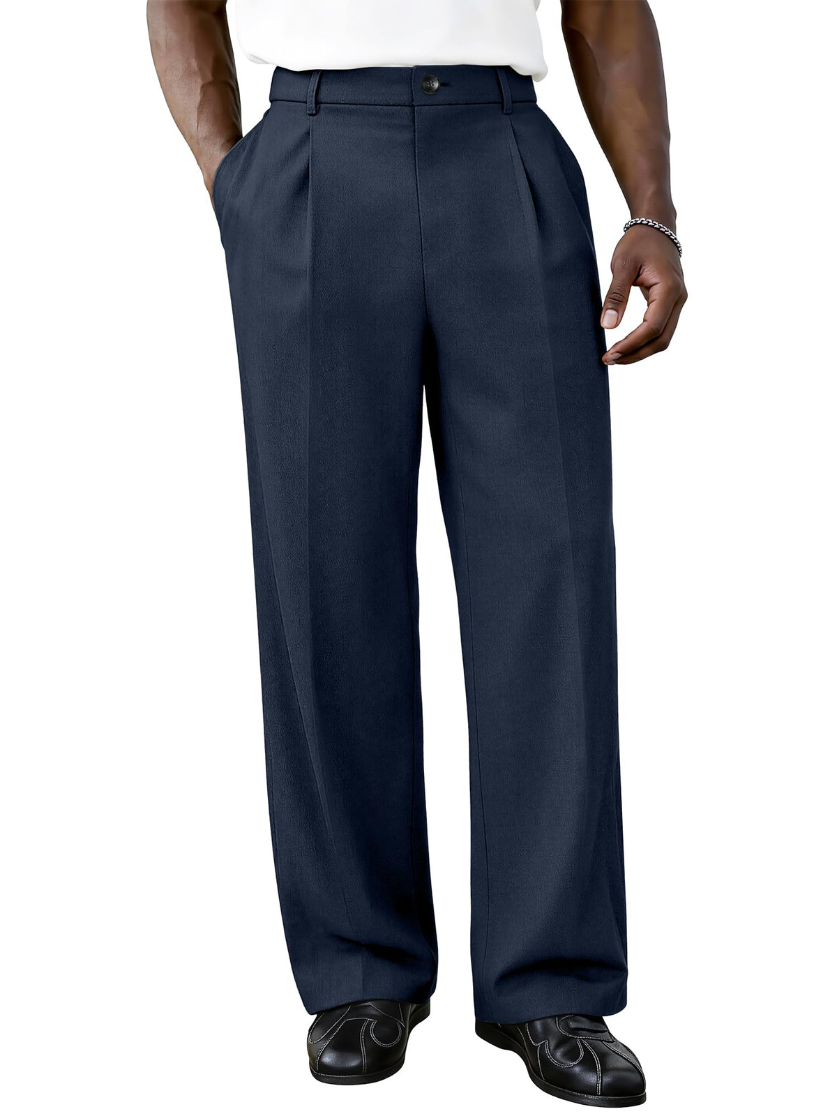 PLEPAN Men's Baggy Dress Pants Pleated Wide Leg Relaxed Fit Slacks