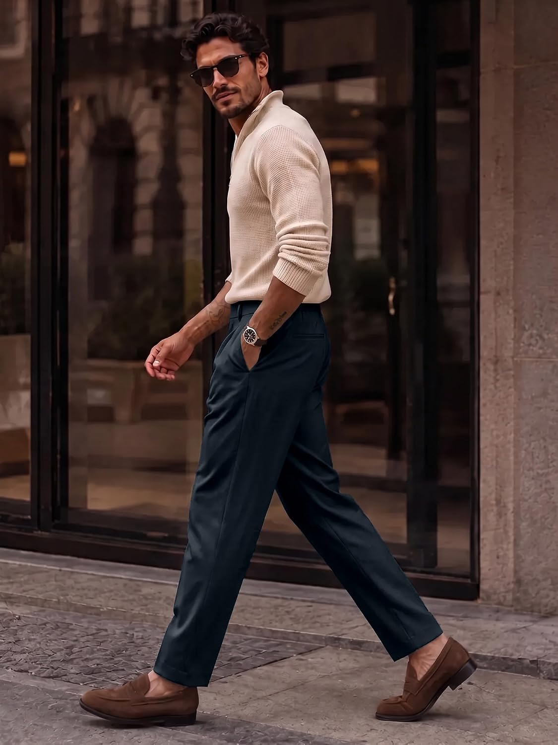 JMIERR Men's Cropped Pleated Dress Pants Casual Tapered Suit Trousers