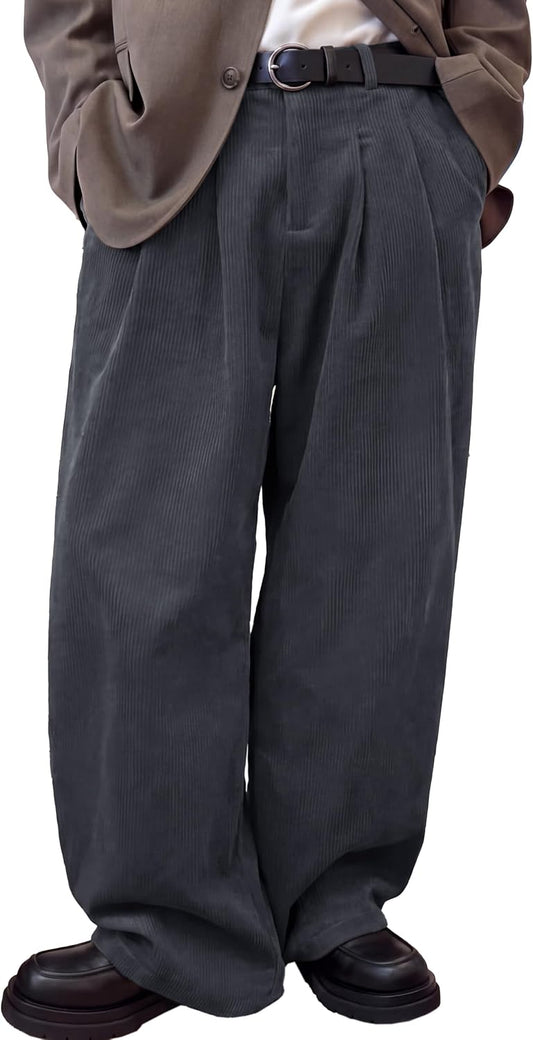 Runcati Mens Corduroy Baggy Pants Wide Leg Casual Fall Dress Slacks