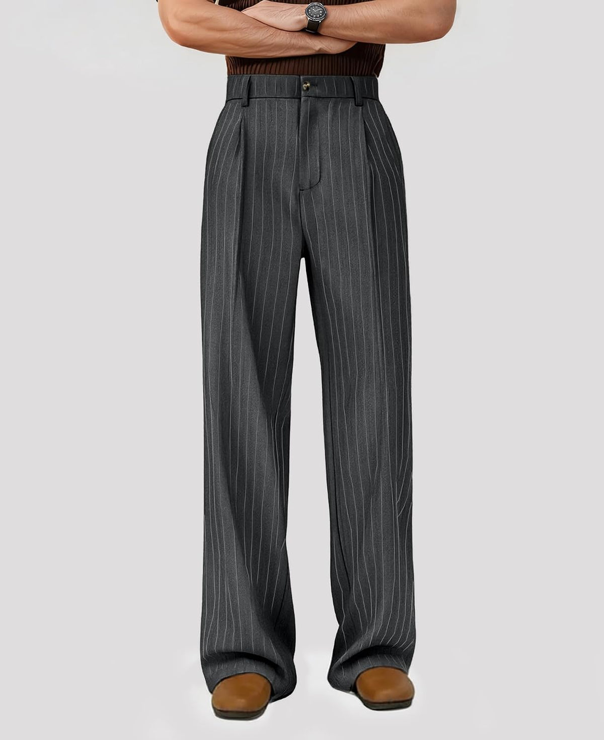 Susclude Mens Pinstripe Casual Dress Pants Old Money Wide Leg Baggy Pleated Slacks Elastic Wasist Loose Fit Work Trousers