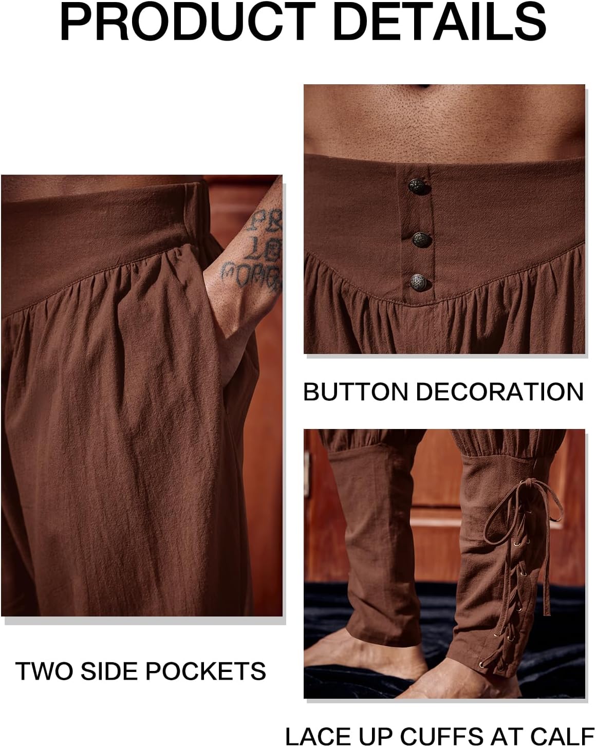 Runcati Mens Medieval Ankle Pants Renaissance Viking Linen Costume Trousers