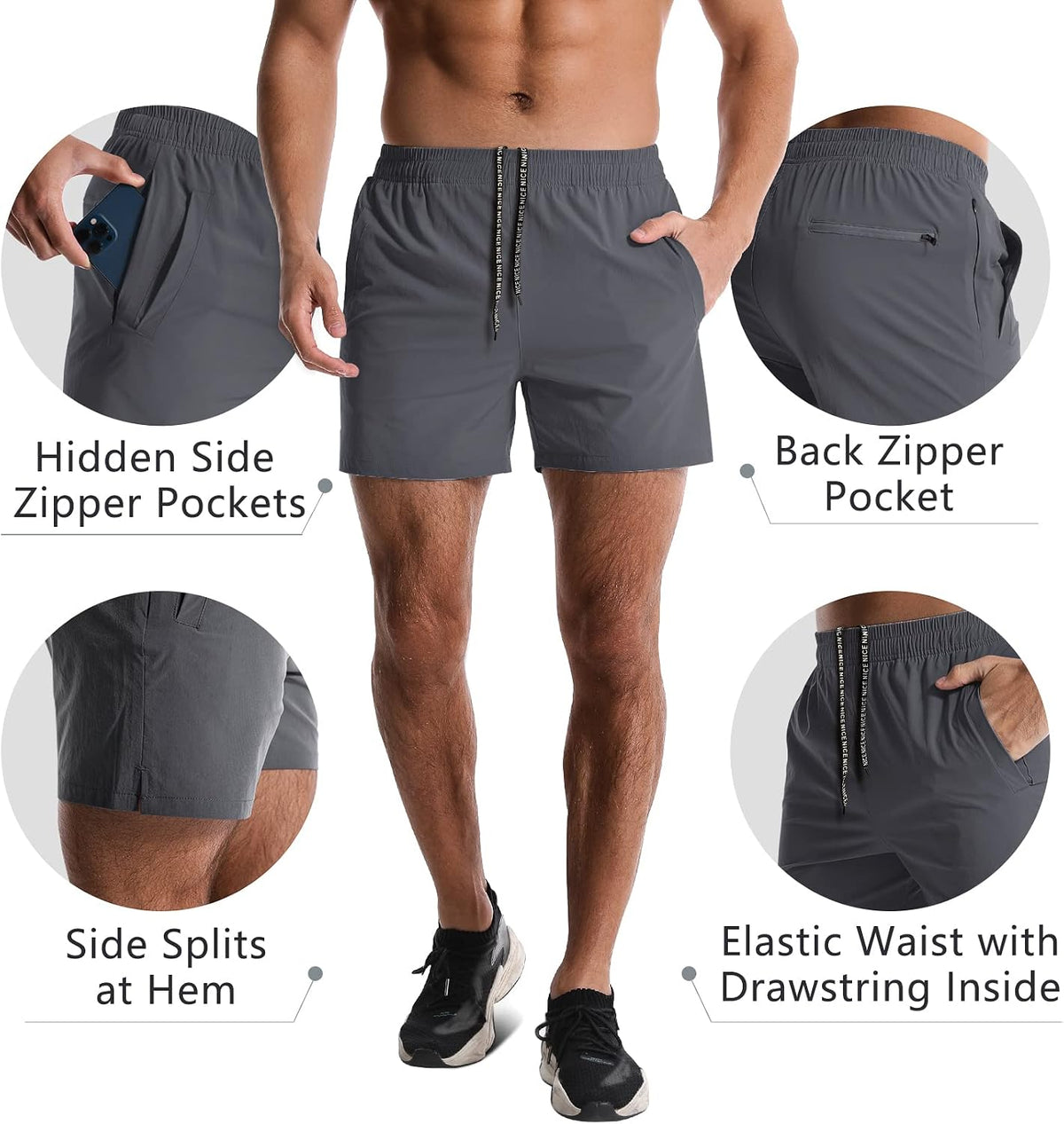 2 Pack Mens Athletic Shorts 5" Gym Workout Running Zipper Pockets