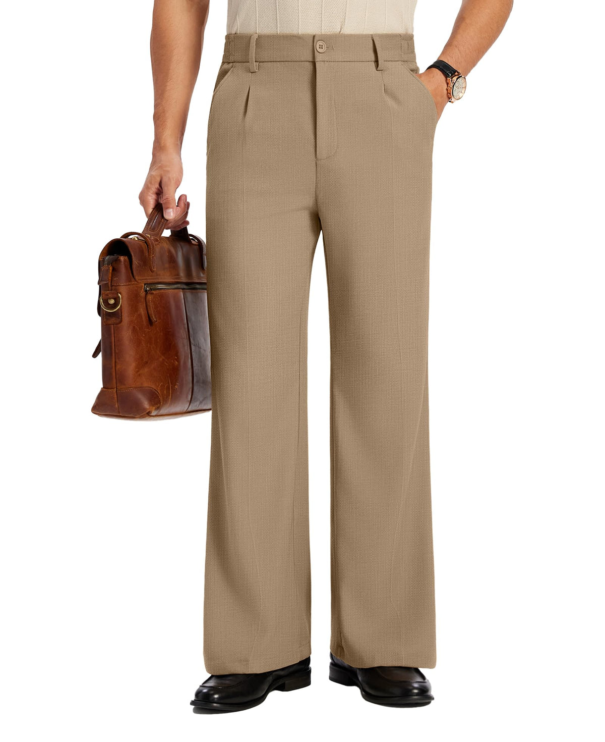Susclude Mens Bootcut Casual Dress Pants Flared Wide Leg Old Money Pleated Elastic Waist Slacks Vintage Work Office Trousers