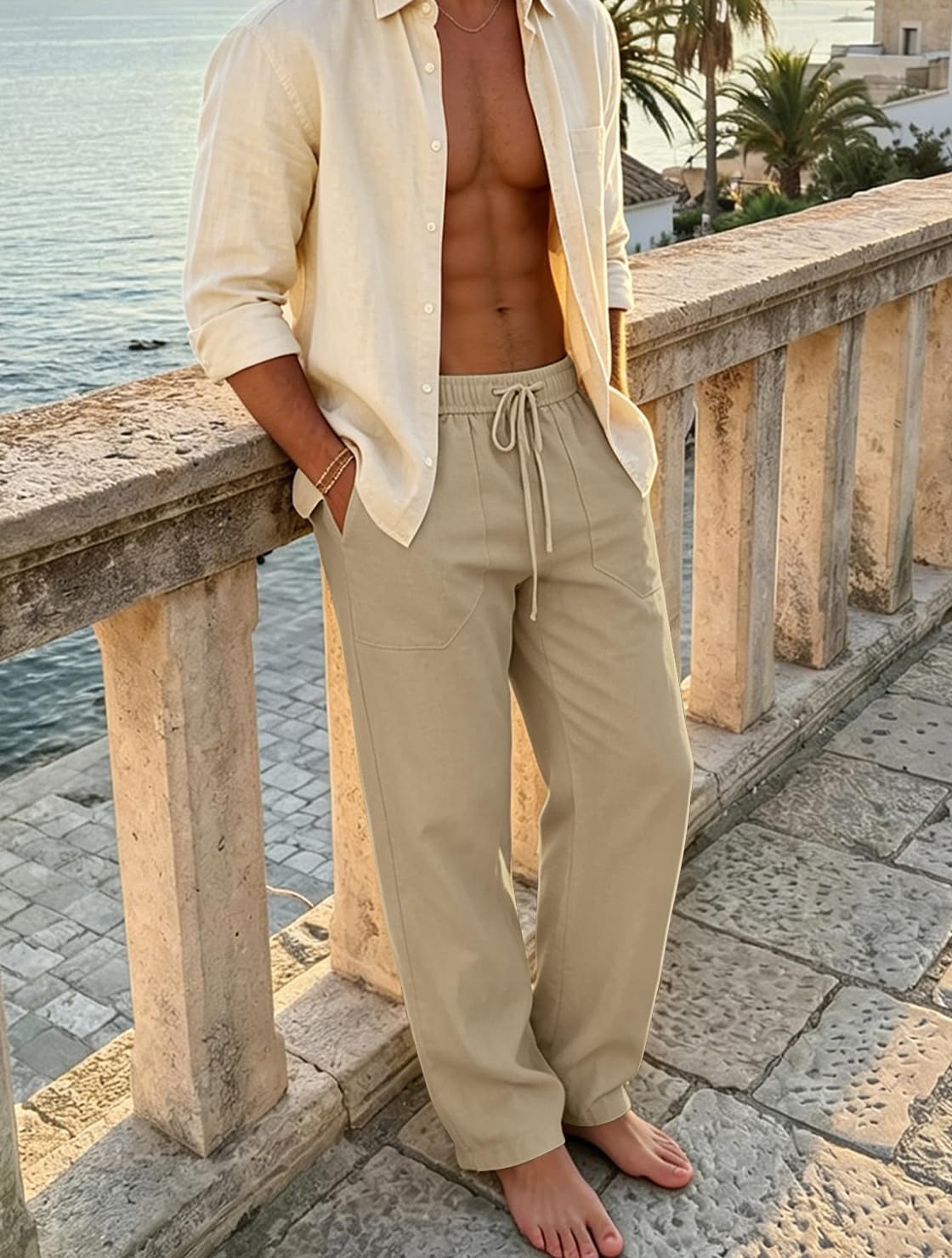 Puimentiua Cotton Linen Pants Men Casual Loose Fit Summer Beach Pants