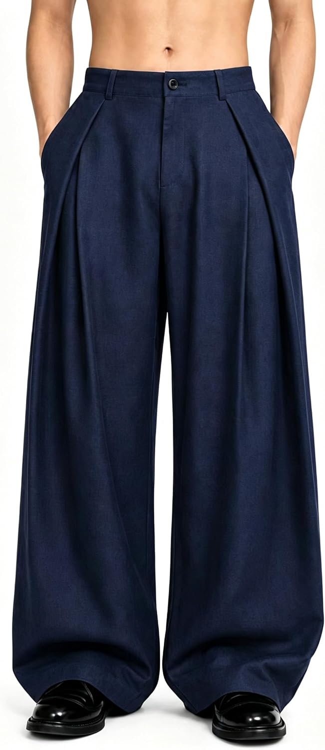 Percle Mens Baggy Casual Pants Elastic Back Waist Pleated Wide Leg Slacks