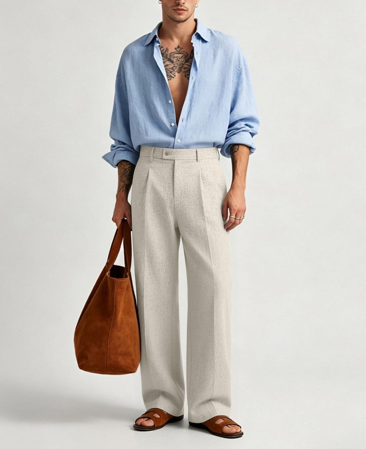 Susclude Mens Linen Casual Dress Pants Wide Leg Baggy Pleated Work Trousers